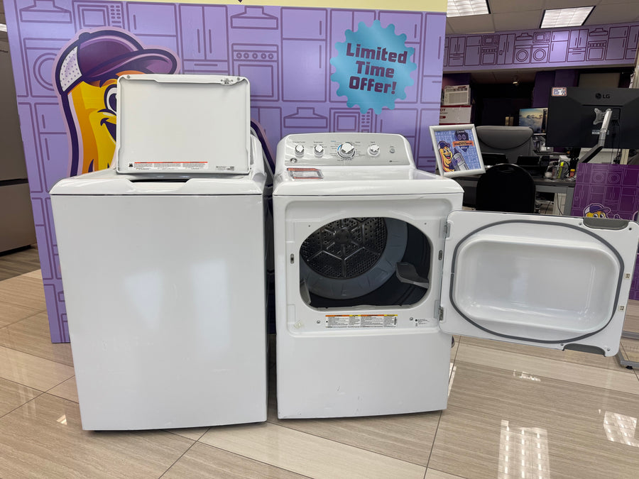 GE White Top Load 4.4 Cu. Ft. Washer with Stainless Steel Basket GTW490ACJWS - Certified Refurbished and GE White Electric 7.2 Cu. Ft. Dryer with Aluminized Alloy Drum GTD45EASJWS - Certified Refurbished