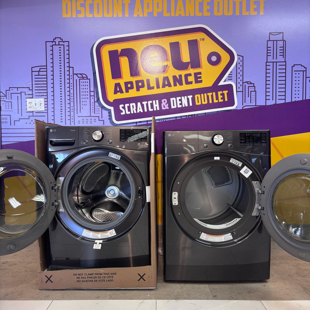 Pictures of LG Black Steel Front Load 4.5 Cu. Ft. Washer with TurboWash360 WM4000HBA - New in Box and LG Black Steel Ultra Large Capacity Smart Wi-Fi Enabled Front Load Electric 7.4 Cu. Ft. Dryer with TurboSteam DLEX4000B - Open Box - Neu Appliance Outlet - Discount Appliance Outlet in Austin, Tx