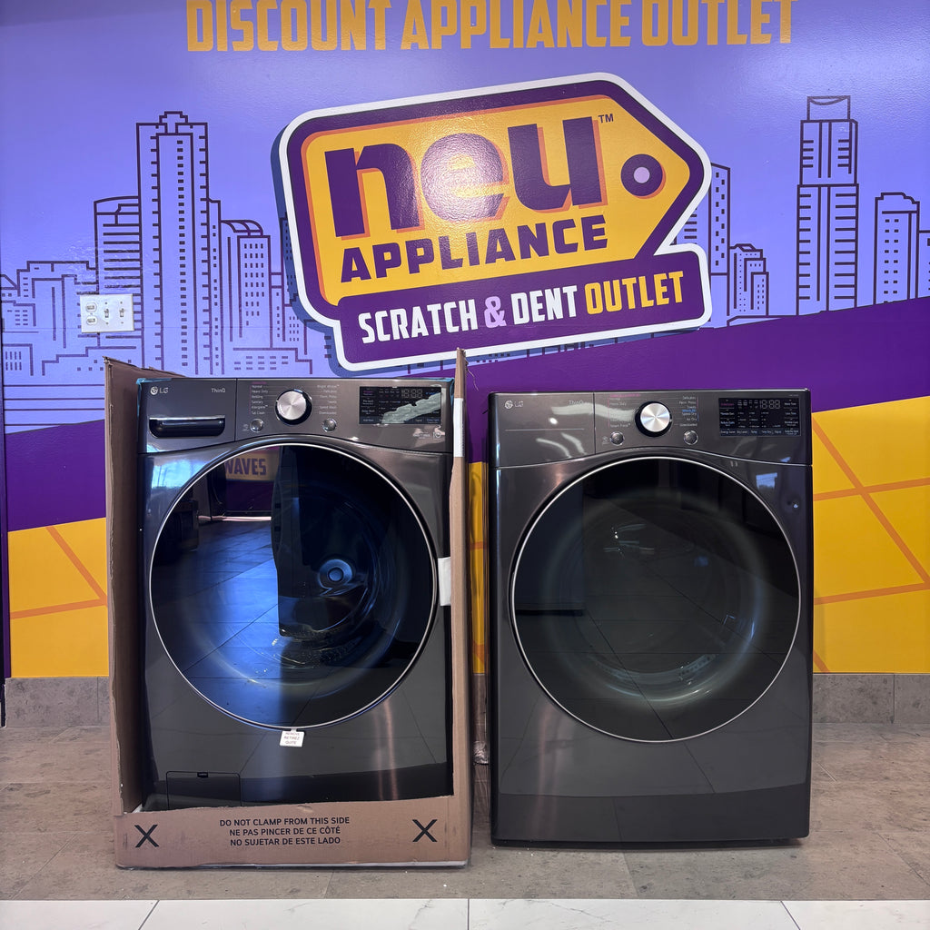 Pictures of LG Black Steel Front Load 4.5 Cu. Ft. Washer with TurboWash360 WM4000HBA - New in Box and LG Black Steel Ultra Large Capacity Smart Wi-Fi Enabled Front Load Electric 7.4 Cu. Ft. Dryer with TurboSteam DLEX4000B - Open Box - Neu Appliance Outlet - Discount Appliance Outlet in Austin, Tx
