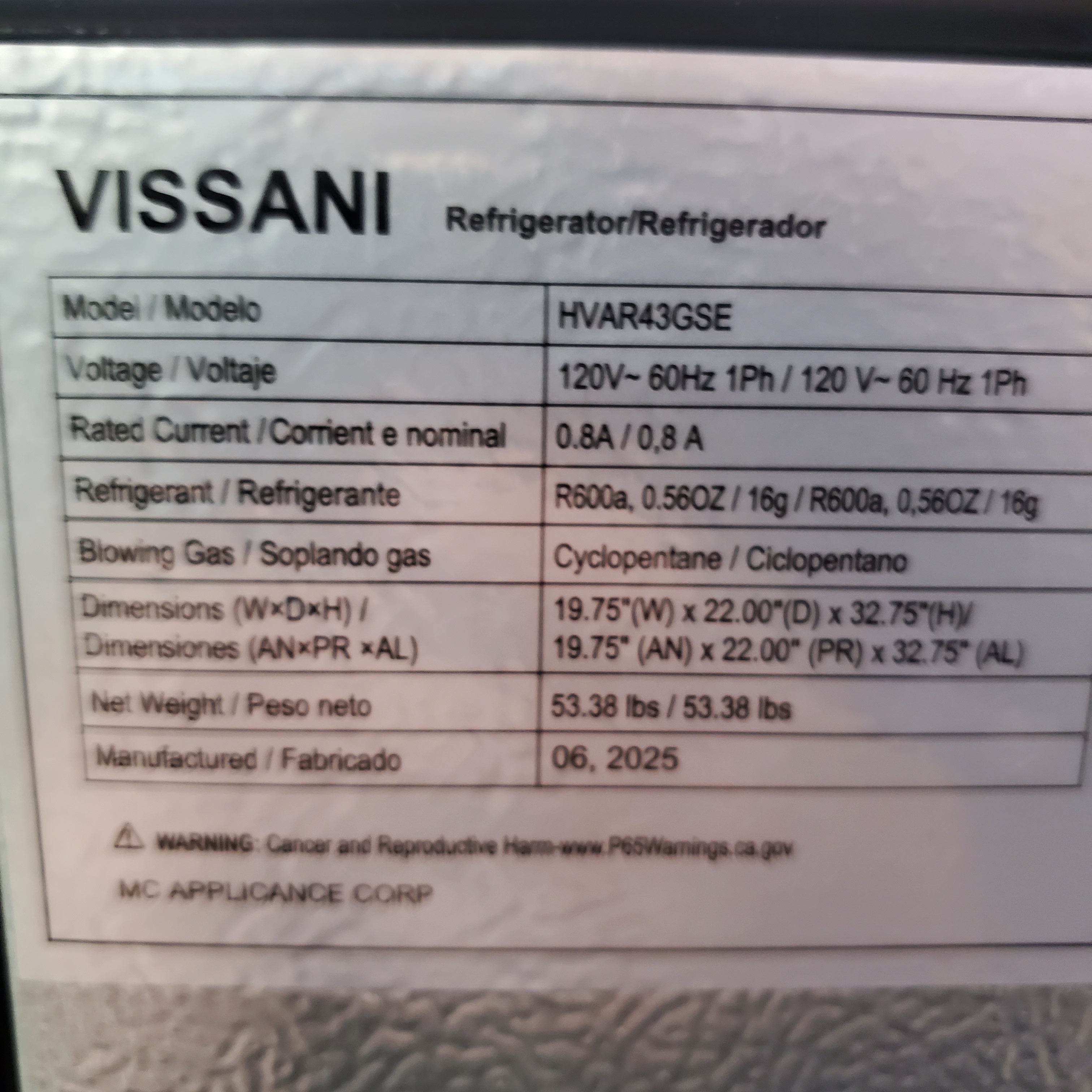 Vissani 4.3 cu. ft. Mini Refrigerator in Stainless Steel, ENERGY