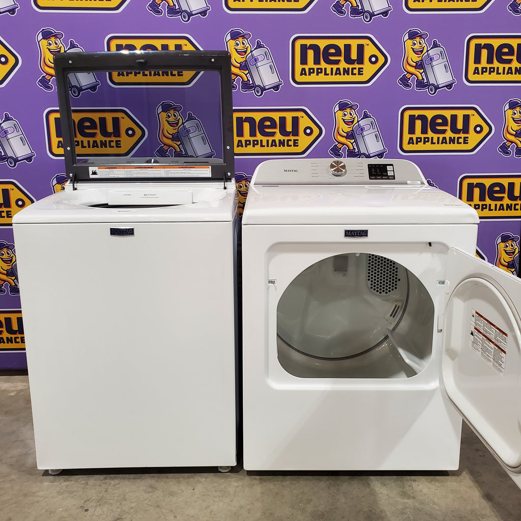 Pictures of Maytag Top Load 4.8 cu ft Washer with Deep Fill and Slow-Close Glass Lid MVW6200KW - Scratch & Dent (Minor) and Maytag 7.0 cu ft Electric Dryer with Moisture Sensing and Quick Dry Cycle 16162 - MED6200KW - Scratch & Dent (Minor) - Neu Appliance Outlet - Discount Appliance Outlet in Austin, Tx