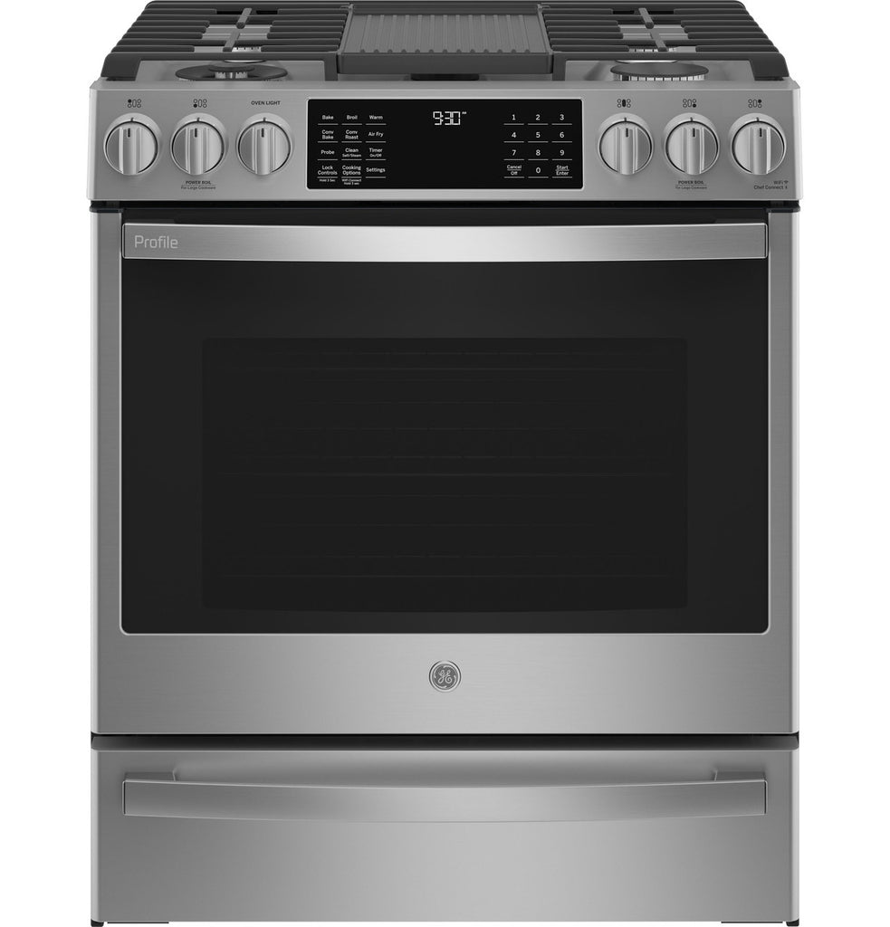 Pictures of GE Profile™ 30" Smart Slide-In Front-Control Gas Fingerprint Resistant Stainless Range with No Preheat Air Fry PGS930YPFS - New in Box - Neu Appliance Outlet - Discount Appliance Outlet in Austin, Tx