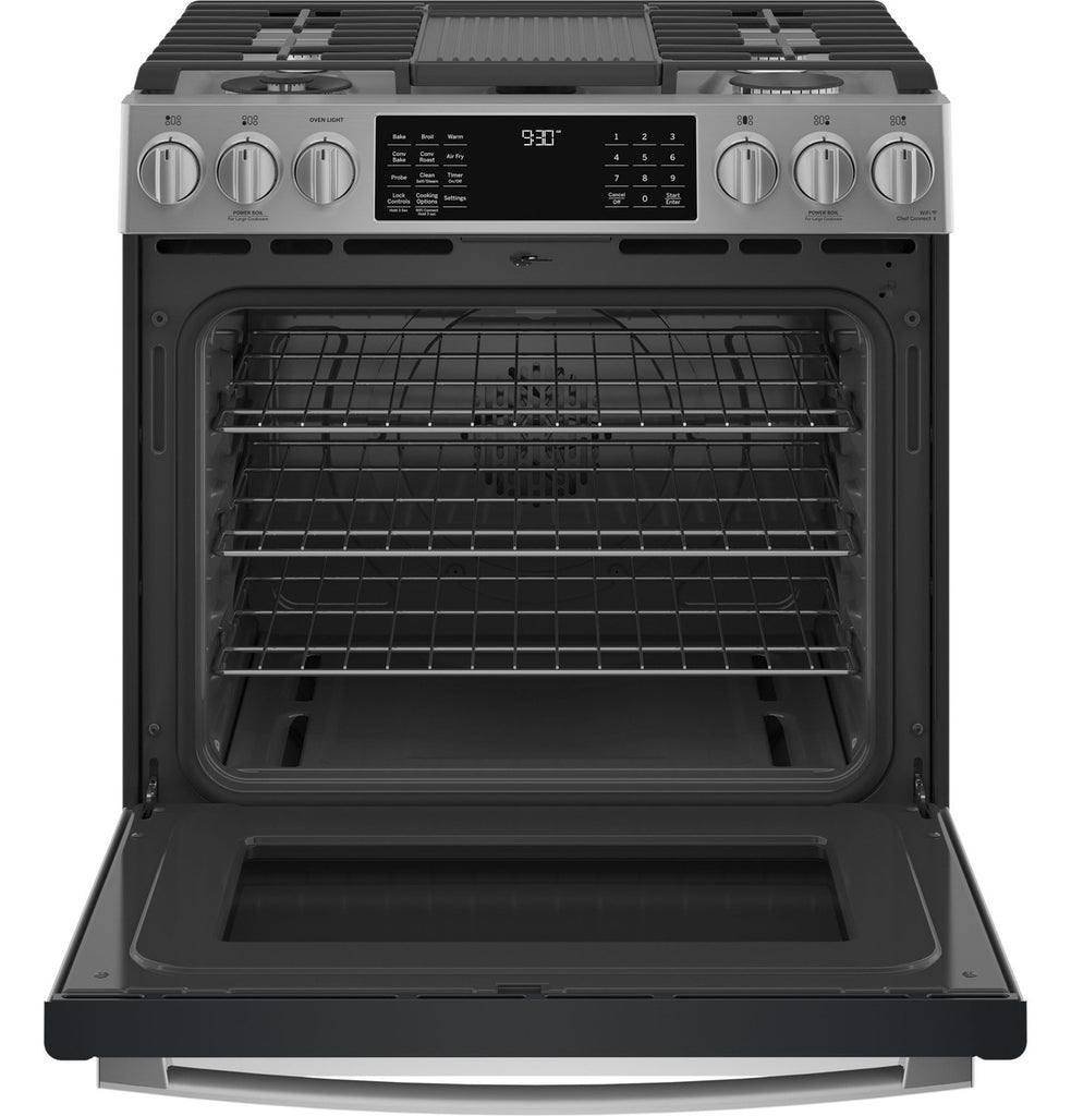 Pictures of GE Profile™ 30" Smart Slide-In Front-Control Gas Fingerprint Resistant Stainless Range with No Preheat Air Fry PGS930YPFS - New in Box - Neu Appliance Outlet - Discount Appliance Outlet in Austin, Tx