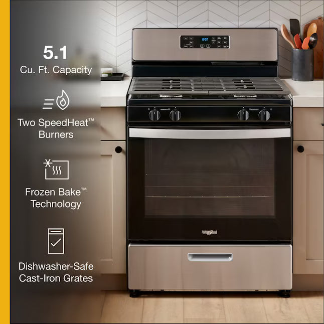 Whirlpool 5.1 Cu. Ft. Freestanding Gas Range with Broiler Drawer and Two Speed Heat Burners in Stainless Steel 22131SD72 - WFG320M0MS - Scratch & Dent (Minor)