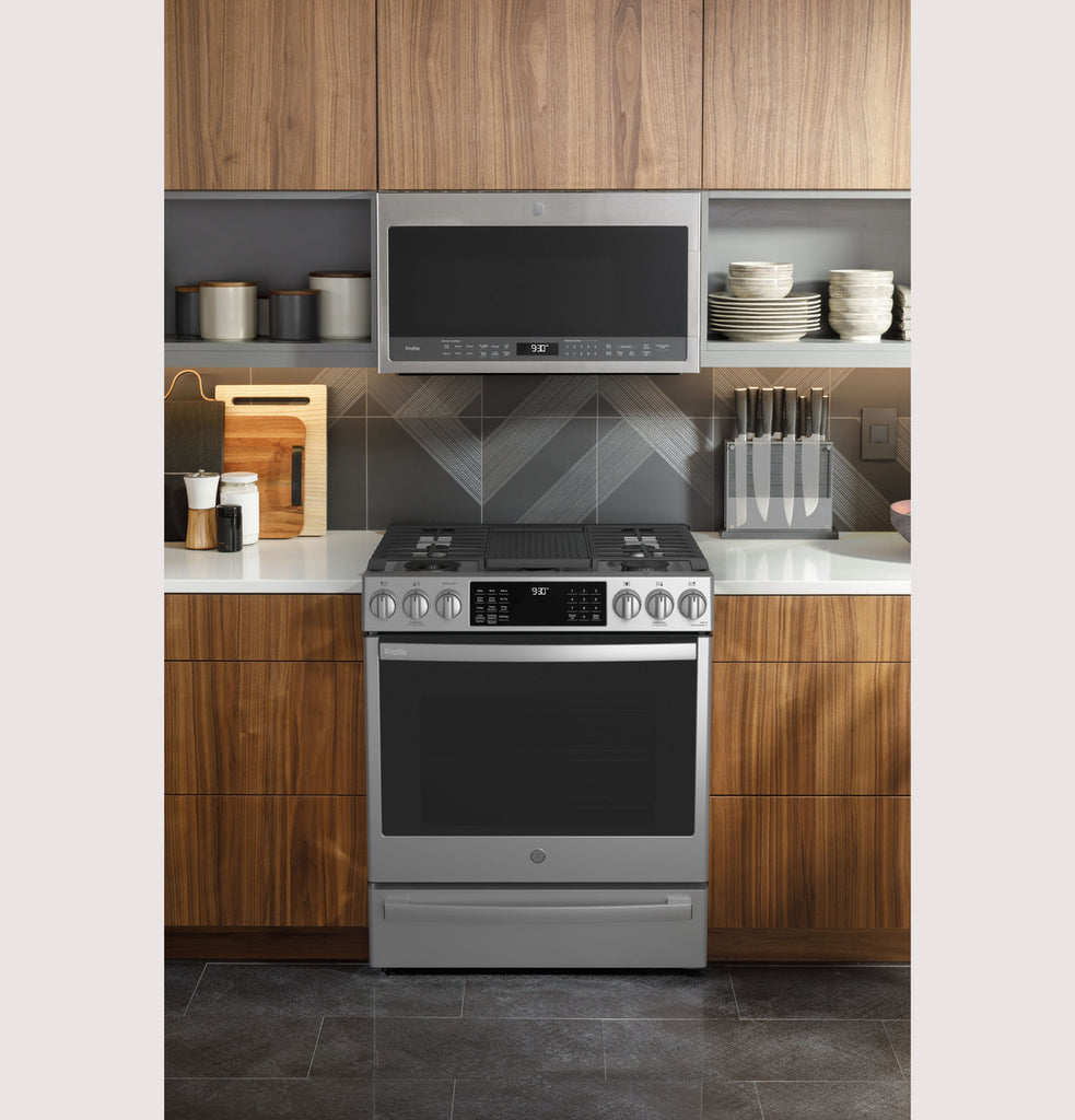 Pictures of GE Profile™ 30" Smart Slide-In Front-Control Gas Fingerprint Resistant Stainless Range with No Preheat Air Fry PGS930YPFS - New in Box - Neu Appliance Outlet - Discount Appliance Outlet in Austin, Tx