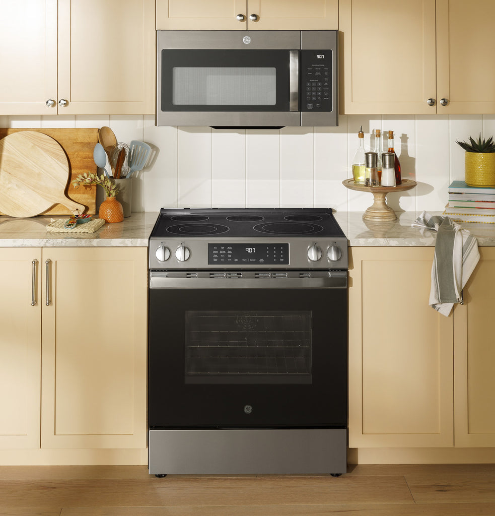 Pictures of GE® Fingerprint Resistant Stainless 30" Slide-In Electric Convection Range with No Preheat Air Fry and EasyWash™ Oven Tray GRS60LAVFS - Open Box - Neu Appliance Outlet - Discount Appliance Outlet in Austin, Tx