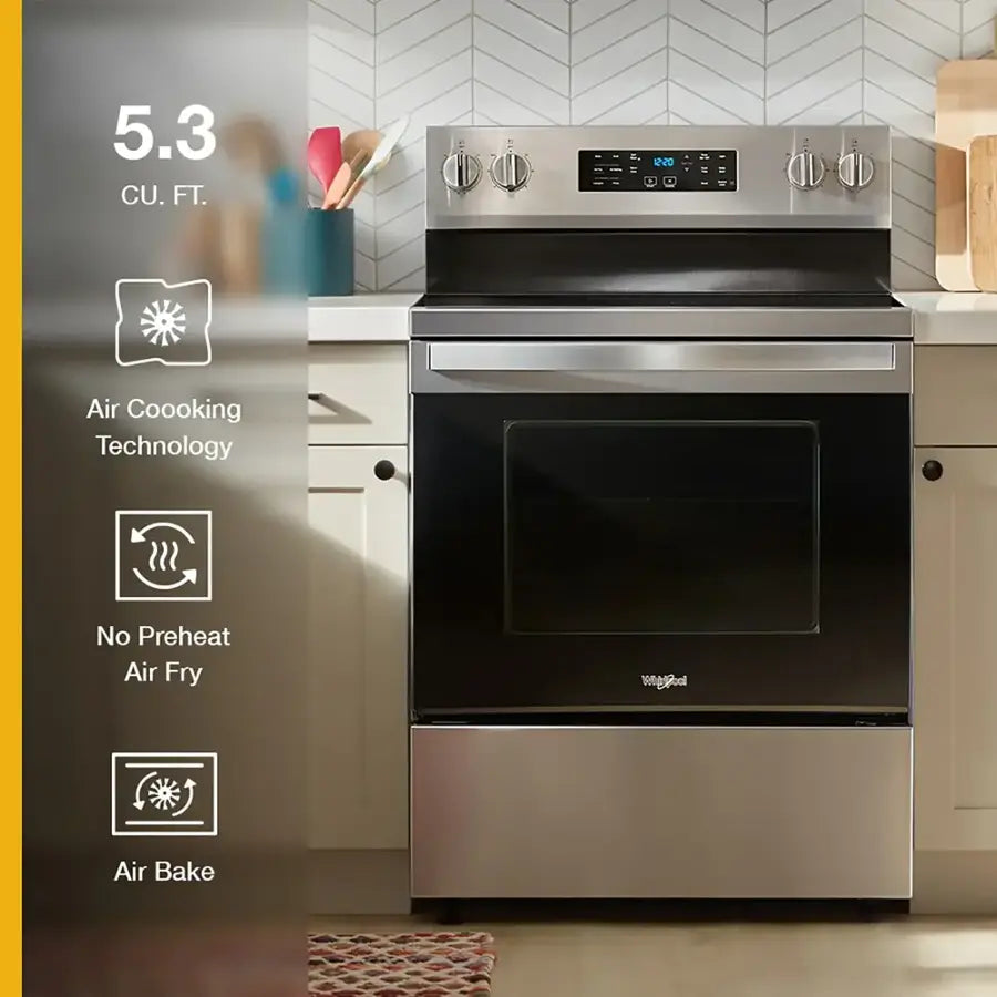 Whirlpool Energy Star 30" Electric Range with Air Cooking Technology, No Preheat Air Fry, Air Baking and Self Clean WFES5030RZ - Scratch and Dent (Minor)