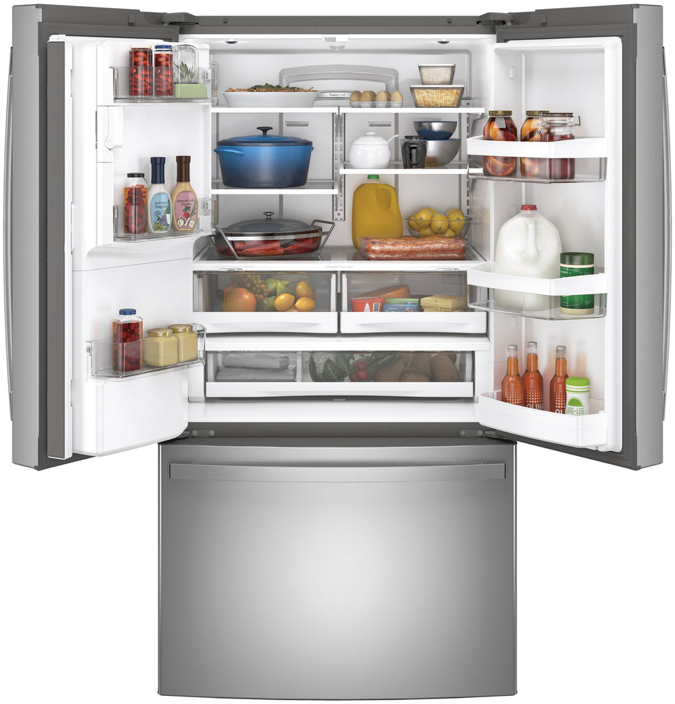 Pictures of GE Energy Star 3 Door French Door 27.7 Cu. Ft. Refrigerator with TwinChill Evaporators in Fingerprint Stainless Steel GFE28GYNFS - New in Box - Neu Appliance Outlet - Discount Appliance Outlet in Austin, Tx