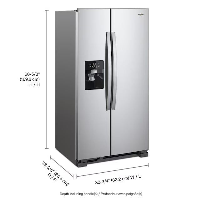 Whirlpool 33 Inch Wide Side by Side 21 Cu. Ft. Refrigerator with Can Caddy and Frameless Glass Shelves in Fingerprint Resistant Stainless Steel 31134SD212 - WRS321SDHZ - Scratch & Dent (Moderate)
