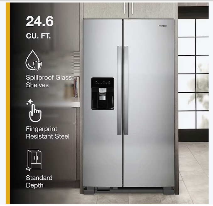 Whirlpool 24 cu ft Capacity Side By Side Refrigerator with Ice and Water Dispenser in Fingerprint Resistant Stainless Steel WRS315SDHZ - Scratch & Dent (Minor)