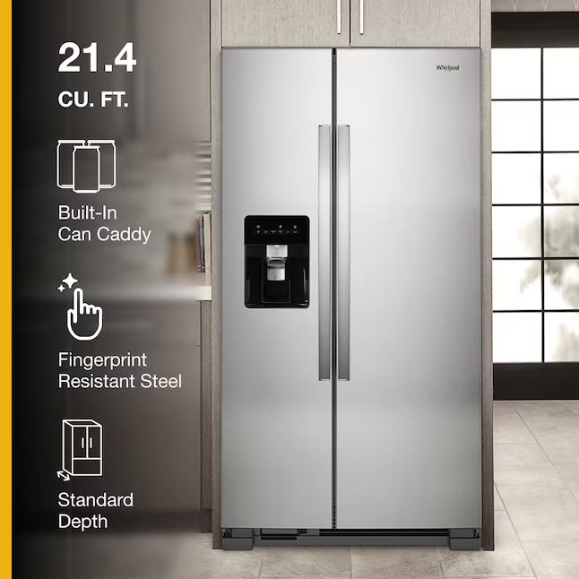 Whirlpool 33 Inch Wide Side by Side 21 Cu. Ft. Refrigerator with Can Caddy and Frameless Glass Shelves in Fingerprint Resistant Stainless Steel 31134SD212 - WRS321SDHZ - Scratch & Dent (Moderate)