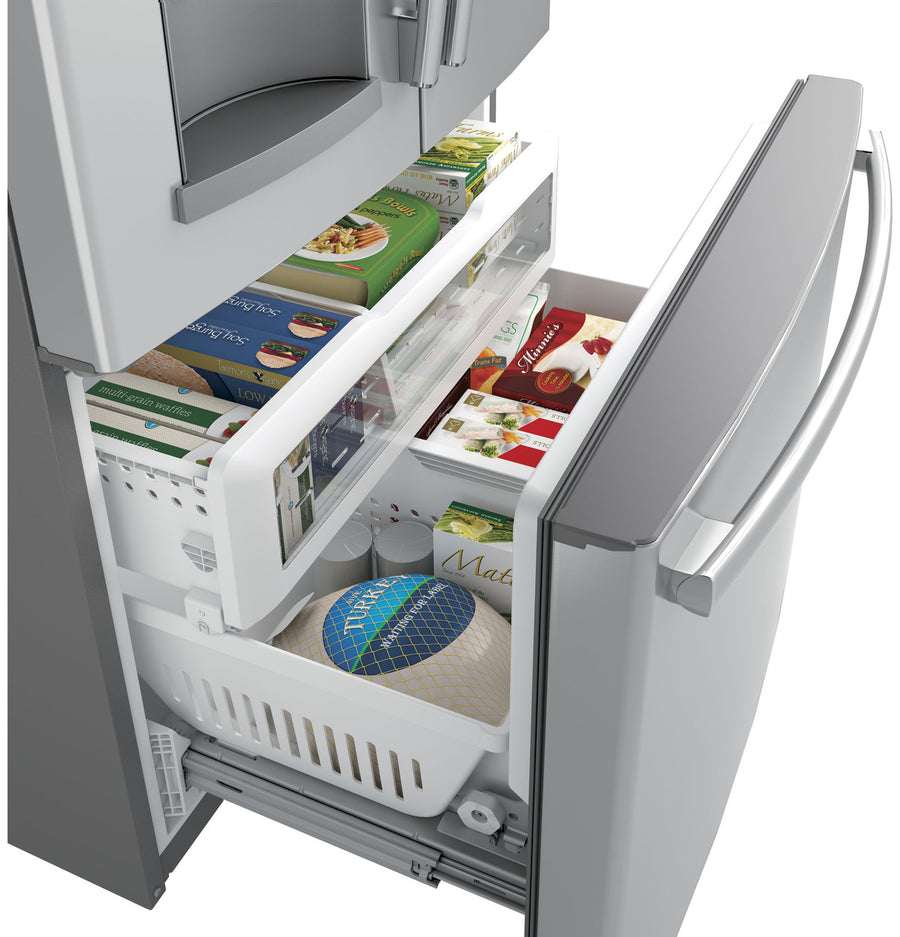 GE Energy Star 3 Door French Door 27.7 Cu. Ft. Refrigerator with TwinChill Evaporators in Fingerprint Resistant Stainless Steel GFE28GYNFS - Scratch & Dent (Major)