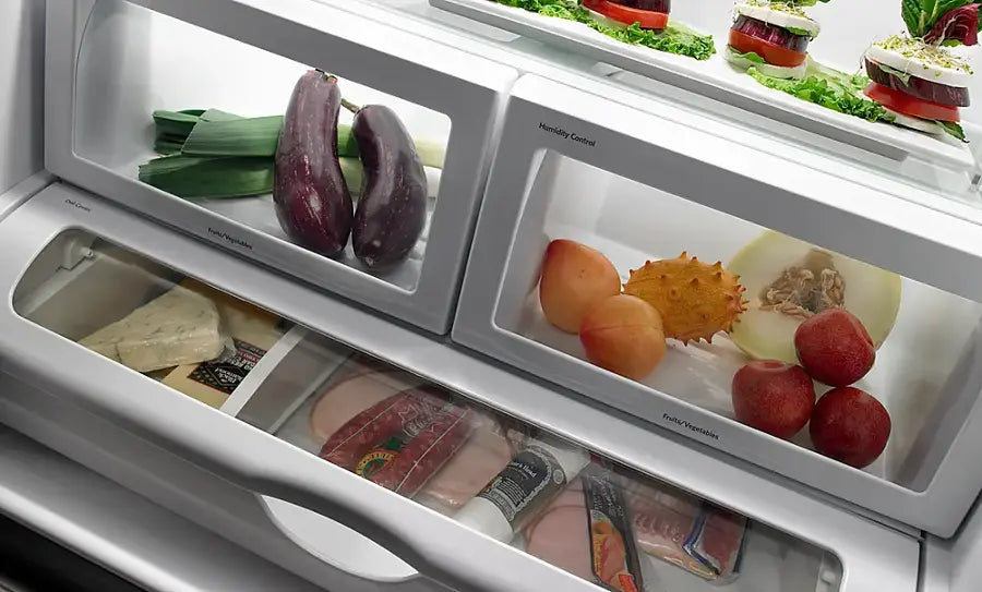 Pictures of JennAir RISE 21.9 Cu. Ft. French Door Counter-Depth Refrigerator with Gourmet Bay Drawer and TriSensor Climate Control in Stainless Steel JFFCF72DKL - Scratch & Dent (Minor) - Neu Appliance Outlet - Discount Appliance Outlet in Austin, Tx
