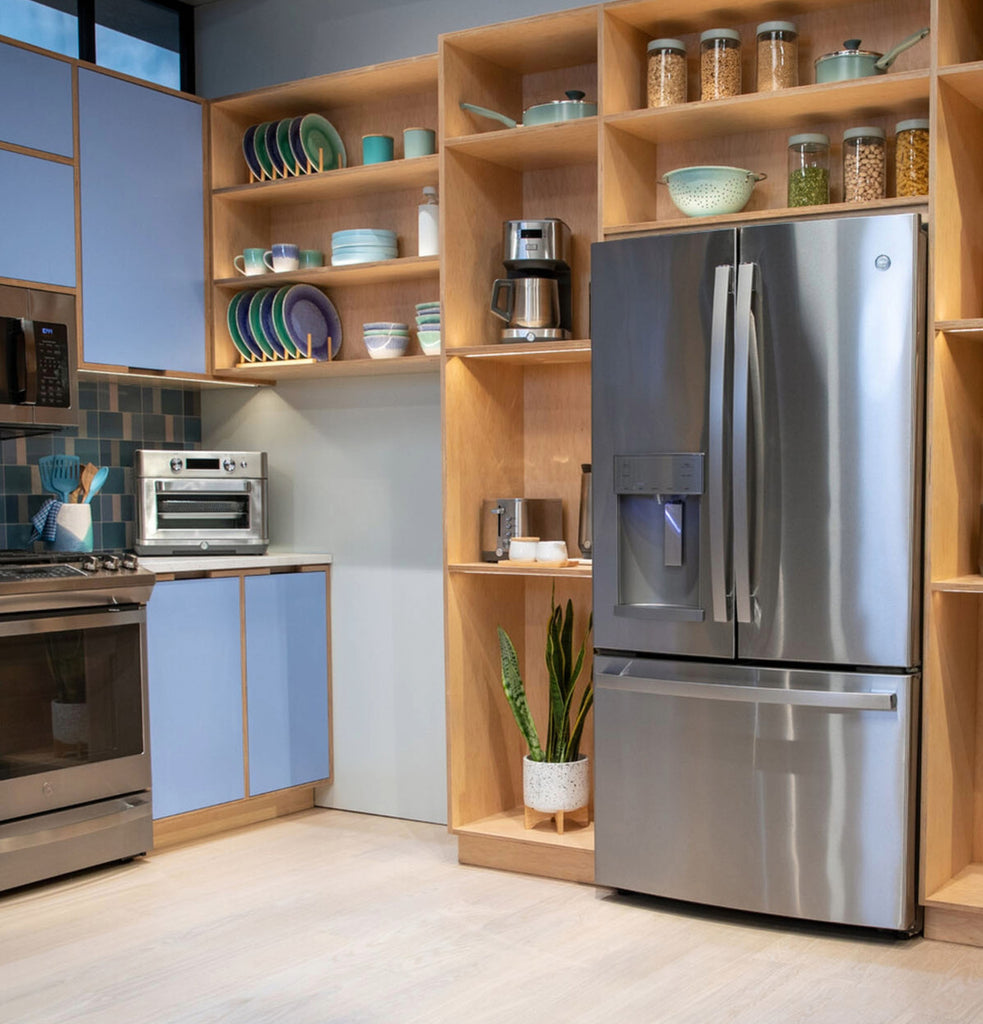 Pictures of GE Energy Star 3 Door French Door 27.7 Cu. Ft. Refrigerator with TwinChill Evaporators in Fingerprint Stainless Steel GFE28GYNFS - New in Box - Neu Appliance Outlet - Discount Appliance Outlet in Austin, Tx