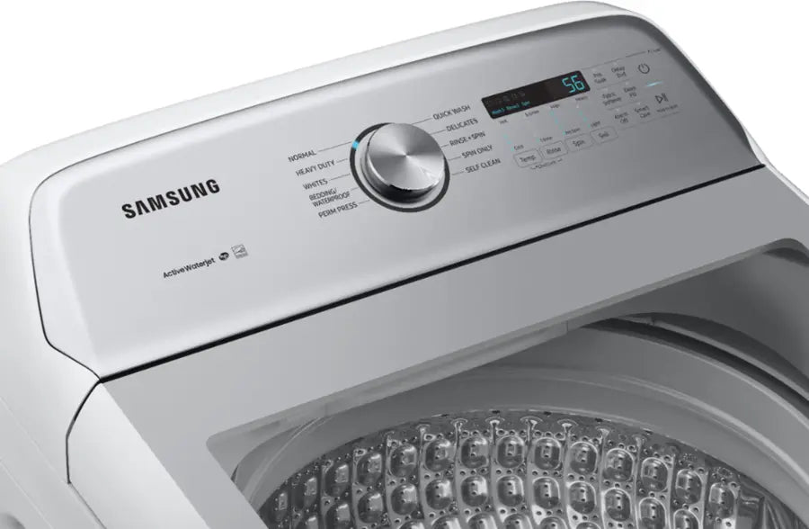 Pictures of Samsung White Top Load 5.4 Cu. Ft. Washer with Active Water Jet WA50R5200AW/US - Certified Refurbished and Samsung White 7.4 cu. ft. Electric Dryer in White with Steam Sanitize+ DVE54R7200W/A3 - Certified Refurbished - Neu Appliance Outlet - Discount Appliance Outlet in Austin, Tx