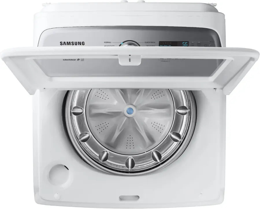 Pictures of Samsung White Top Load 5.4 Cu. Ft. Washer with Active Water Jet WA50R5200AW/US - Certified Refurbished and Samsung White 7.4 cu. ft. Electric Dryer in White with Steam Sanitize+ DVE54R7200W/A3 - Certified Refurbished - Neu Appliance Outlet - Discount Appliance Outlet in Austin, Tx