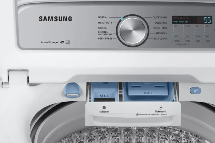 Pictures of Samsung White Top Load 5.4 Cu. Ft. Washer with Active Water Jet WA50R5200AW/US - Certified Refurbished and Samsung White 7.4 cu. ft. Electric Dryer in White with Steam Sanitize+ DVE54R7200W/A3 - Certified Refurbished - Neu Appliance Outlet - Discount Appliance Outlet in Austin, Tx