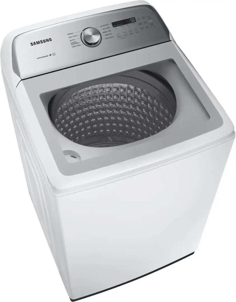 Pictures of Samsung White Top Load 5.4 Cu. Ft. Washer with Active Water Jet WA50R5200AW/US - Certified Refurbished and Samsung White 7.4 cu. ft. Electric Dryer in White with Steam Sanitize+ DVE54R7200W/A3 - Certified Refurbished - Neu Appliance Outlet - Discount Appliance Outlet in Austin, Tx