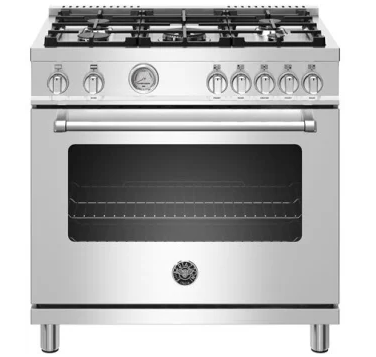 Bertazzoni Master Series 36 Inch Freestanding Gas Range with 5 Sealed Burners, 5.9 cu. ft. Oven Capacity, Dual Convection Oven, Soft-Close Door Stainless Steel Natural Gas MAST365GASXE - Scratch & Dent (Moderate)