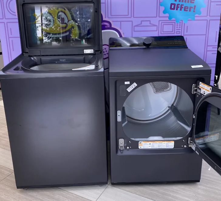 LG 5.5 cu. ft. SMART Top Load Washer in Matte Black with Impeller, Easy Unload and TurboWash3D Technology WT8400CB - Open Box and LG 7.3 cu. ft. Ultra Large Capacity Rear Control Electric Dryer with EasyLoad™ Door and AI Sensing DLE8400BE - Open Box