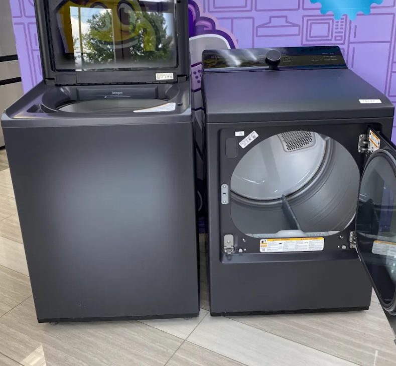 LG 5.5 cu. ft. SMART Top Load Washer in Matte Black with Impeller, Easy Unload and TurboWash3D Technology WT8400CB - Open Box and LG 7.3 cu. ft. Ultra Large Capacity Rear Control Electric Dryer with EasyLoad™ Door DLE8400BE - Scratch & Dent (Minor)
