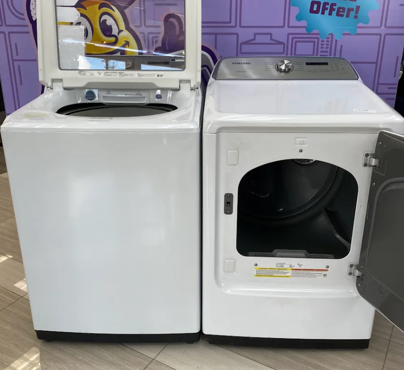 Samsung White Top Load 5.0 Cu. Ft. Washer with Active Water Jet WA50R5200AW - Certified Refurbished and Samsung White Electric 7.4 Cu. Ft. Dryer with Sensor Dry DVE50R5200W - Certified Refurbished