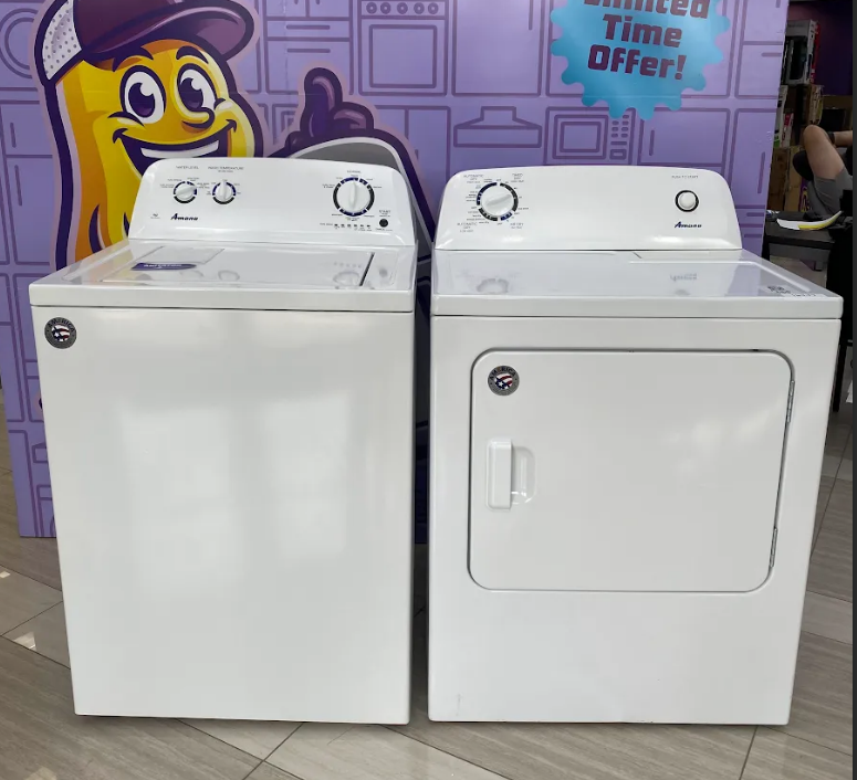 Amana Top Load 3.5 Cu. Ft. Washer with Dual Action Agitator, and Porcelain Tub NTW4516FW - Scratch & Dent (Minor) and Amana 6.5 Cu. Ft. Electric Dryer with Wrinkle Shield Option and Automatic Dryness Control NED4655EW - Certified Refurbished