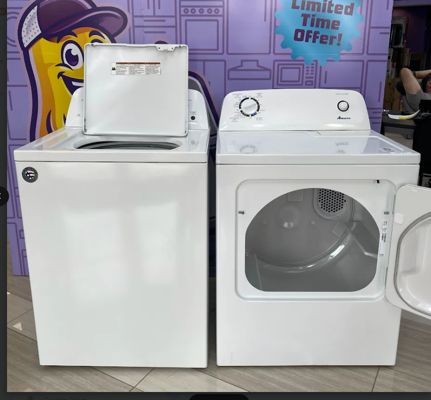 Amana Top Load 3.5 Cu. Ft. Washer with Dual Action Agitator, and Porcelain Tub NTW4516FW - Scratch & Dent (Minor) and Amana 6.5 Cu. Ft. Electric Dryer with Wrinkle Shield Option and Automatic Dryness Control NED4655EW - Certified Refurbished