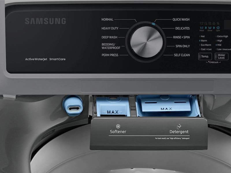 Samsung 4.5 cu. ft. Capacity Top Load Washer with Active WaterJet in Platinum WA45T3400AP - Certified Refurbished and Samsung 7.4 Cu. Ft. Gas Dryer with Sensor Dry in Platinum DVG45T3400P - Certified Refurbished
