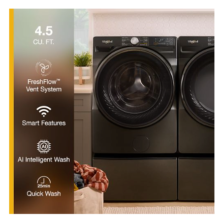 Pictures of Whirlpool 4.5 cu. ft. Smart Front Load ENERGY STAR® Washer with FreshFlow™ Vent System WFW5720RU - Scratch & Dent (Minor) and Whirlpool 7.4 cu. ft. Vented Front Load Electric Dryer in Volcano Black with Wrinkle Shield Option WED5720RU - Open Box - Neu Appliance Outlet - Discount Appliance Outlet in Austin, Tx