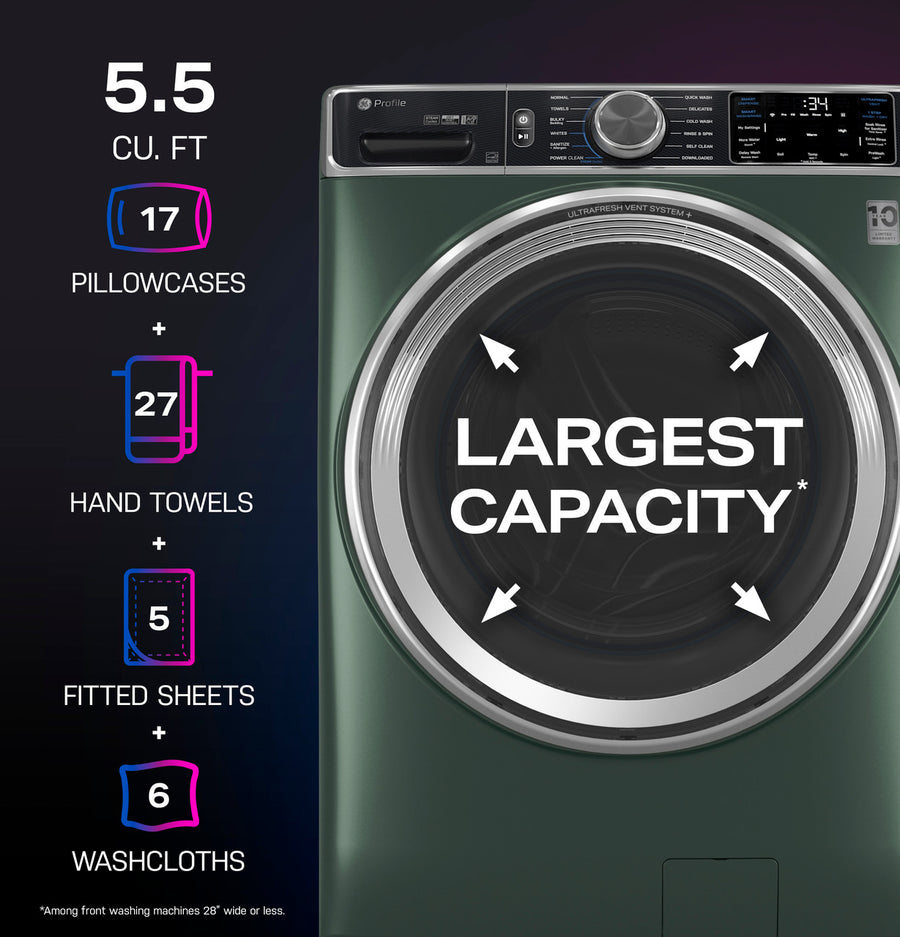 GE Profile™ 5.5 cu. ft. Capacity Smart Front Load ENERGY STAR® Steam Washer PFW955SPWGN - New Box and GE Profile 7.8-cu ft Stackable Vented Gas Dryer with Steam Cycle in Carbon Graphite 16204 - PFD95GSPWDS - Scratch & Dent (Minor)