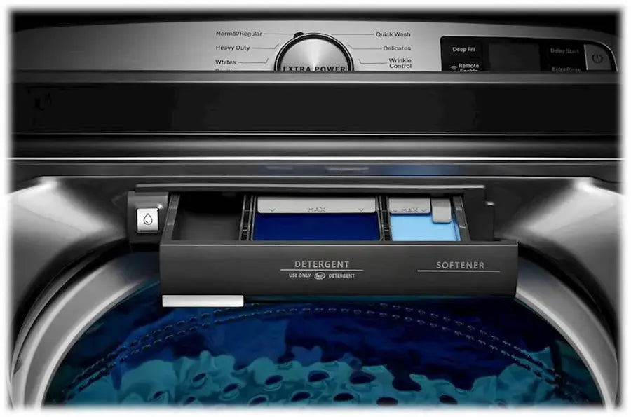 Pictures of Maytag 5.3 cu. ft. Metallic Slate Smart Capable ENERGY STAR Top Load Washing Machine with Extra Power MVW7232HC - Scratch & Dent (Minor) and Maytag 7.4 Cu. Ft. Metallic Slate Electric Dryer with Extra Power MED7230HC - Open Box - Neu Appliance Outlet - Discount Appliance Outlet in Austin, Tx