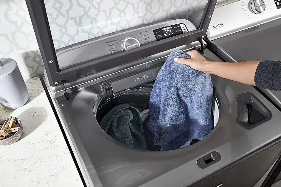 Maytag 5.3 cu. ft. Top Load Washer in Classic Silver with Impeller and Extra Power Option MTW6200RR - Scratch & Dent (Moderate) and Maytag 7.4 Cu. Ft. Metallic Slate Electric Dryer with Extra Power 16243 - MED7230HC - Scratch & Dent (Minor)