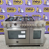 Bertazzoni Master Series 48 Inch Freestanding Gas Range with 6 Sealed Burners, 7 cu. ft. Total Oven Capacity, Double Oven, European Convection Oven, and Electric Griddle: Natural Gas 11113107 - MAS486BTFGMX - Scratch & Dent (Minor)
