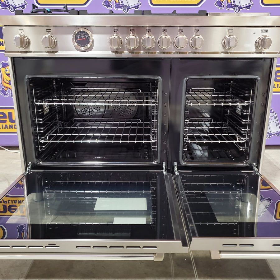 Bertazzoni Master Series 48 Inch Freestanding Gas Range with 6 Sealed Burners, 7 cu. ft. Total Oven Capacity, Double Oven, European Convection Oven, and Electric Griddle: Natural Gas 11113107 - MAS486BTFGMX - Scratch & Dent (Minor)