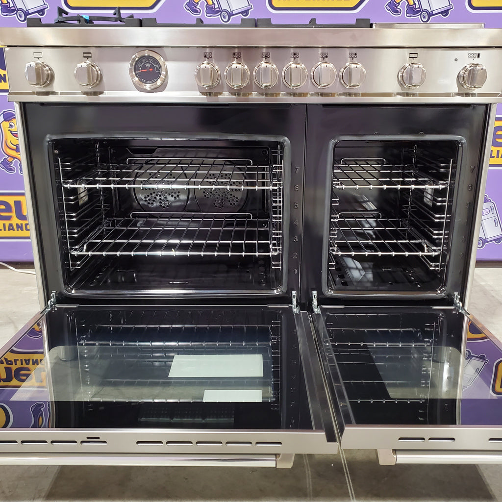 Pictures of Bertazzoni Master Series 48 Inch Freestanding Gas Range with 6 Sealed Burners, 7 cu. ft. Total Oven Capacity, Double Oven, European Convection Oven, and Electric Griddle: Natural Gas 11113107 - MAS486BTFGMX - Scratch & Dent (Minor) - Neu Appliance Outlet - Discount Appliance Outlet in Austin, Tx