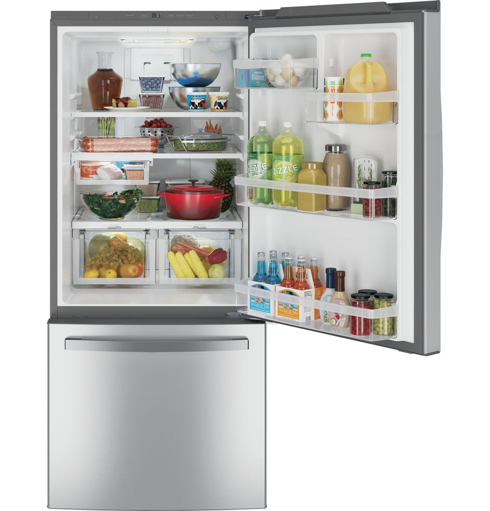 Pictures of 30" Wide GE® Fingerprint Resistant Stainless ENERGY STAR® 21.0 Cu. Ft. Bottom-Freezer Refrigerator with Ice Maker GDE21EYKFS - Open Box - Neu Appliance Outlet - Discount Appliance Outlet in Austin, Tx