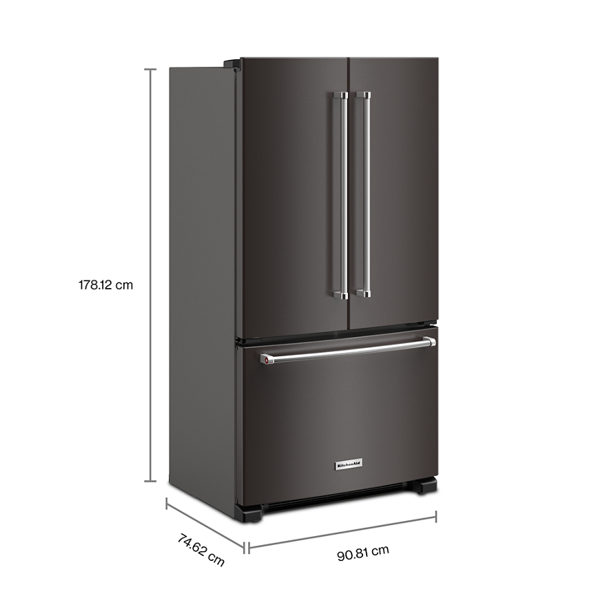 Pictures of KitchenAid Black Stainless 36 in. 20 cu. ft. Counter Depth French Door Refrigerator with Wood-Look Nesting Shelf and Full Width Pantry Drawer KRFC136RBS - Scratch & Dent (Minor) - Neu Appliance Outlet - Discount Appliance Outlet in Austin, Tx