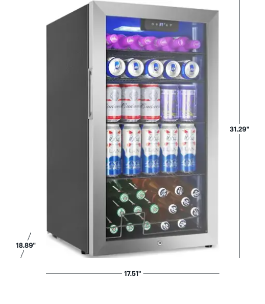 HOOURE 128Cans 3.2 Cu.Ft Glass Door Mini Fridge for Drink Beer Soda Wine, with 4 Adjustable Removable Shelves in Stainless Steel 25133SD535 - TAYL86 - Scratch & Dent (Minor)