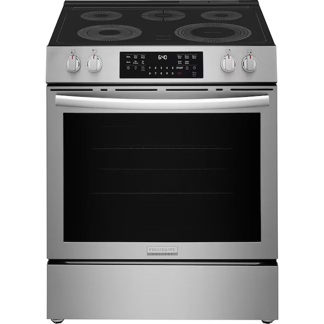 Frigidaire Gallery 30 in. 5-Element Slide-In Front Control 30 min Cleaning Electric Range with Total Convection in Stainless Steel GCFE3059BF - Scratch & Dent (Minor)