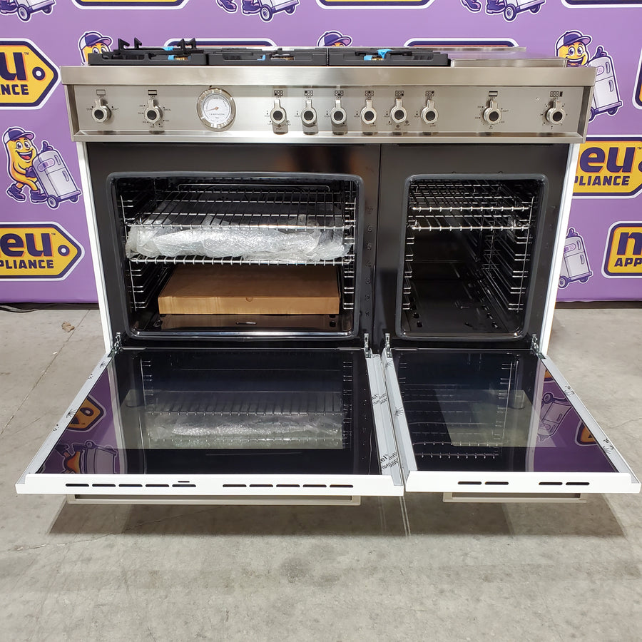 Bertazzoni 48 Inch Freestanding Professional Gas Range with 6 Sealed Burners, Double Oven, 7.1 Cu. Ft. Total Capacity in Bianco White PROF486GGASBIT - Scratch & Dent (Minor)
