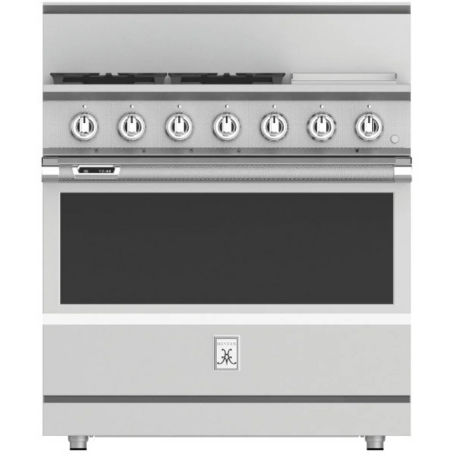 Hestan Dual Fuel Range with 4 Burners, 12 Inch Griddle, MarquiseDisplay™, PureVection™, CircuFlame™, Continuous Grates and 5.8 cu. ft. Oven Cavity KRD364GDNG - Scratch & Dent (Minor)