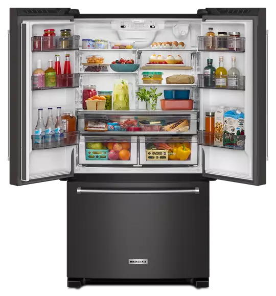 Pictures of KitchenAid Black Stainless 36 in. 20 cu. ft. Counter Depth French Door Refrigerator with Wood-Look Nesting Shelf and Full Width Pantry Drawer KRFC136RBS - Scratch & Dent (Minor) - Neu Appliance Outlet - Discount Appliance Outlet in Austin, Tx
