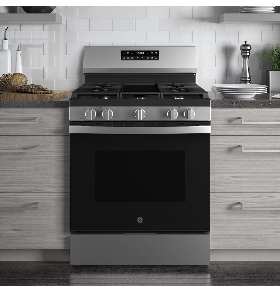 Pictures of GE® Free-Standing Gas Range with Crisp Mode in Stainless Steel GGF500PVSS - New in Box - Neu Appliance Outlet - Discount Appliance Outlet in Austin, Tx