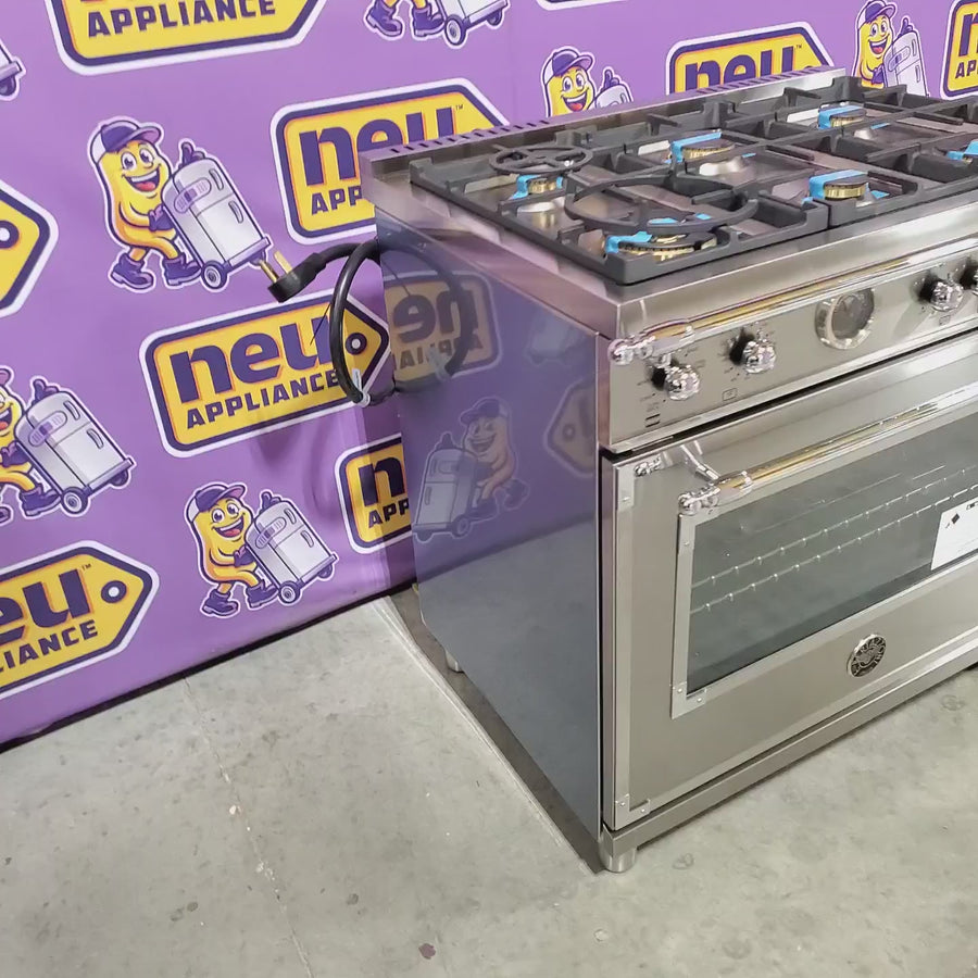 Pictures of Bertazzoni 36 Inch Freestanding Dual Fuel Range with 6 Sealed Burners, 5.7 cu. ft. Capacity, Continuous Grates, Self-Cleaning, and 19000 BTU Power Burner HER366BCFEPXT - Open Box - Neu Appliance Outlet - Discount Appliance Outlet in Austin, Tx