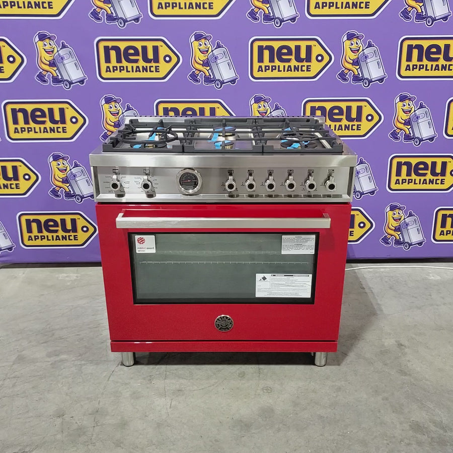 Pictures of Bertazonni Professional Series 36" 5.7 cu. ft. Dual Fuel Range with Dual Convection Oven, 6 Brass Burners, and Soft-Close Oven Door in Red 11113110 - PROF366DFSROT - Open Box - Neu Appliance Outlet - Discount Appliance Outlet in Austin, Tx