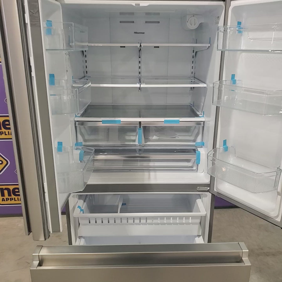 Pictures of Fingerprint Resistant Brushed Steel ENERGY STAR Hisense 26.6 cu. ft. 3 Door French Door Refrigerator with Icemaker and Internal Water Dispenser - Open Box - Neu Appliance Outlet - Discount Appliance Outlet in Austin, Tx