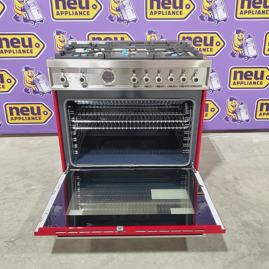 Pictures of Bertazonni Professional Series 36" 5.7 cu. ft. Dual Fuel Range with Dual Convection Oven, 6 Brass Burners, and Soft-Close Oven Door in Red 11113110 - PROF366DFSROT - Open Box - Neu Appliance Outlet - Discount Appliance Outlet in Austin, Tx