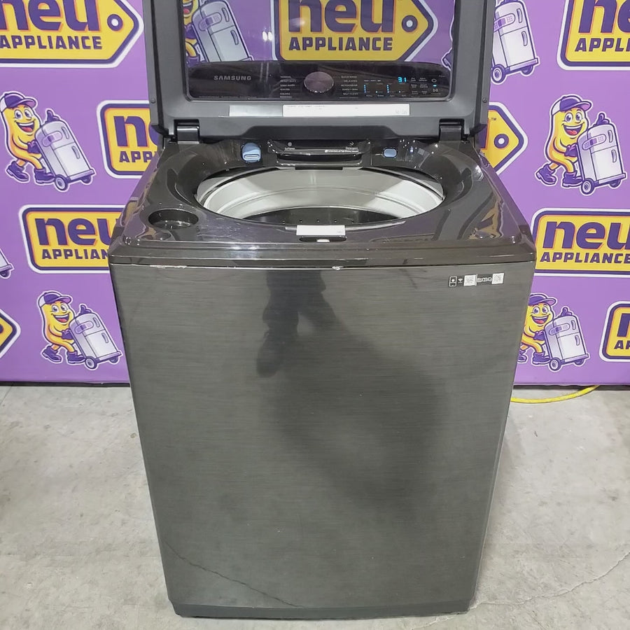 Pictures of Samsung 5.1 cu. ft. Smart Top Load Washer with ActiveWave™ Agitator and Super Speed Wash WA51A5505AV - Certified Refurbished and Samsung 7.4 Cu. Ft. Smart Electric Dryer with Steam Sanitize+ in Black 16298 - DVE55CG7100V - Scratch & Dent (Minor) - Neu Appliance Outlet - Discount Appliance Outlet in Austin, Tx