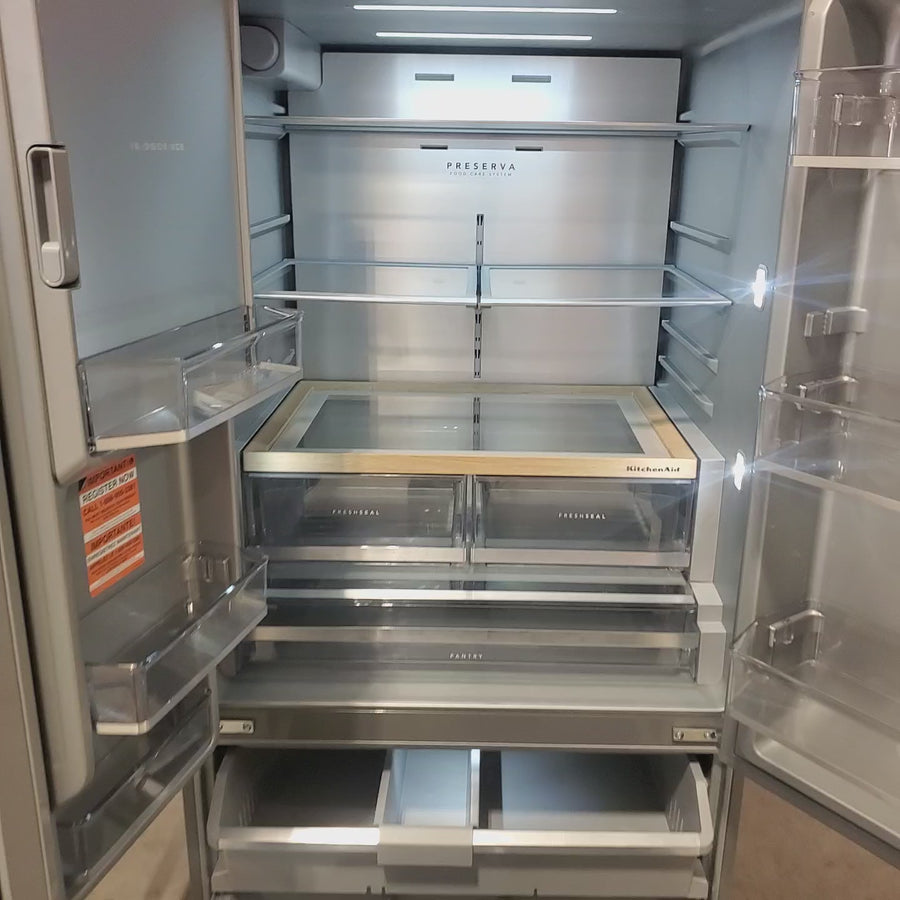 Pictures of KitchenAid 36 in. 30 cu. ft. Standard Depth French Door Refrigerator in PrintShield Stainless with Exterior Water and Ice KRFF436SPS - Scratch & Dent (Minor) - Neu Appliance Outlet - Discount Appliance Outlet in Austin, Tx
